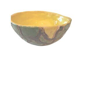 Handcrafted Ceramic Bowl By Calab Warne(r?) With Green & Yellow Glaze